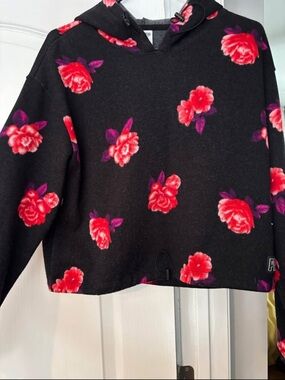 Victoria Secret Pink Black Floral Hoodie with Red Rose Print